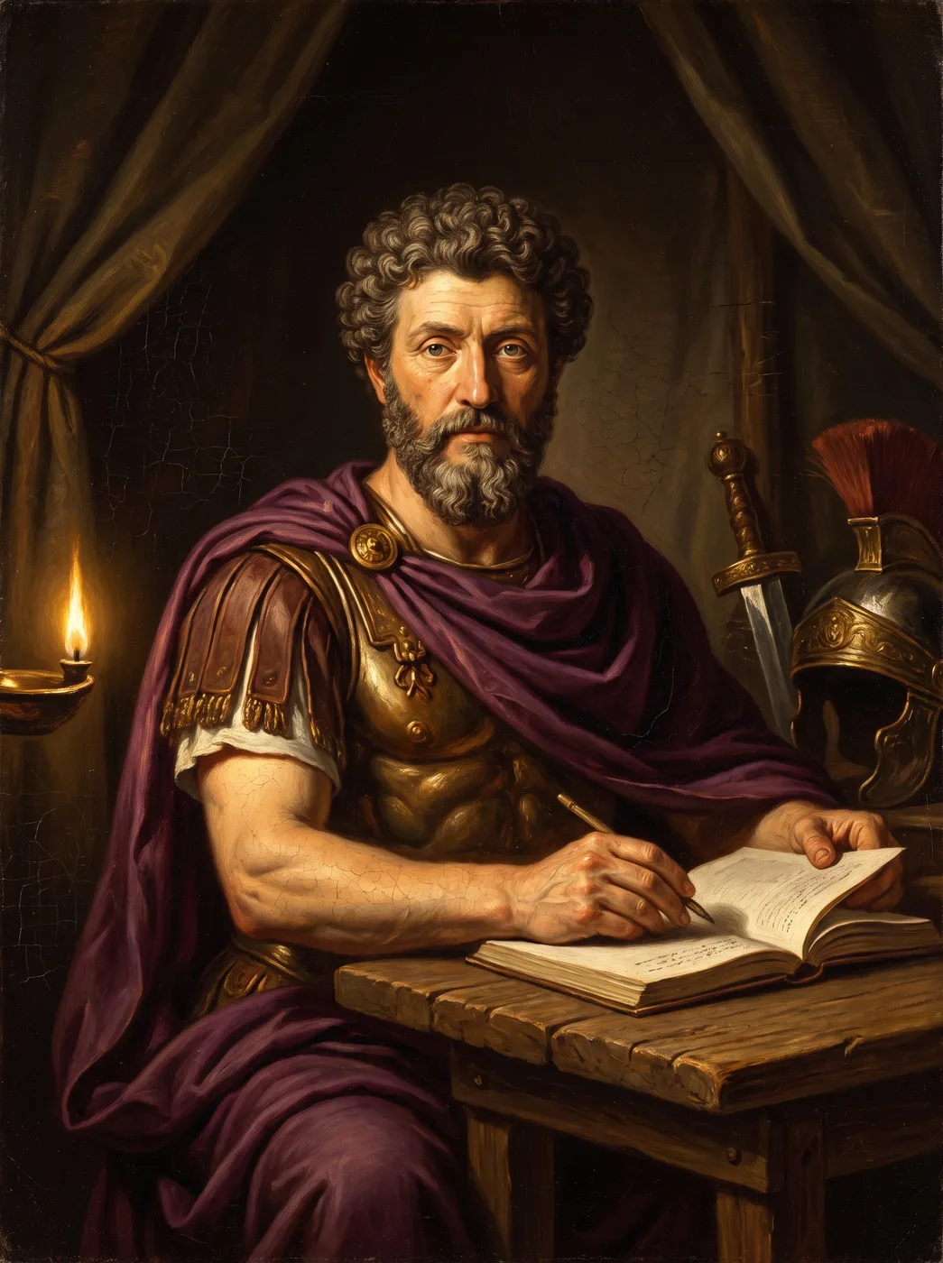 Dipinto a olio di Marco Aurelio che scrive di notte nella sua tenda da campo