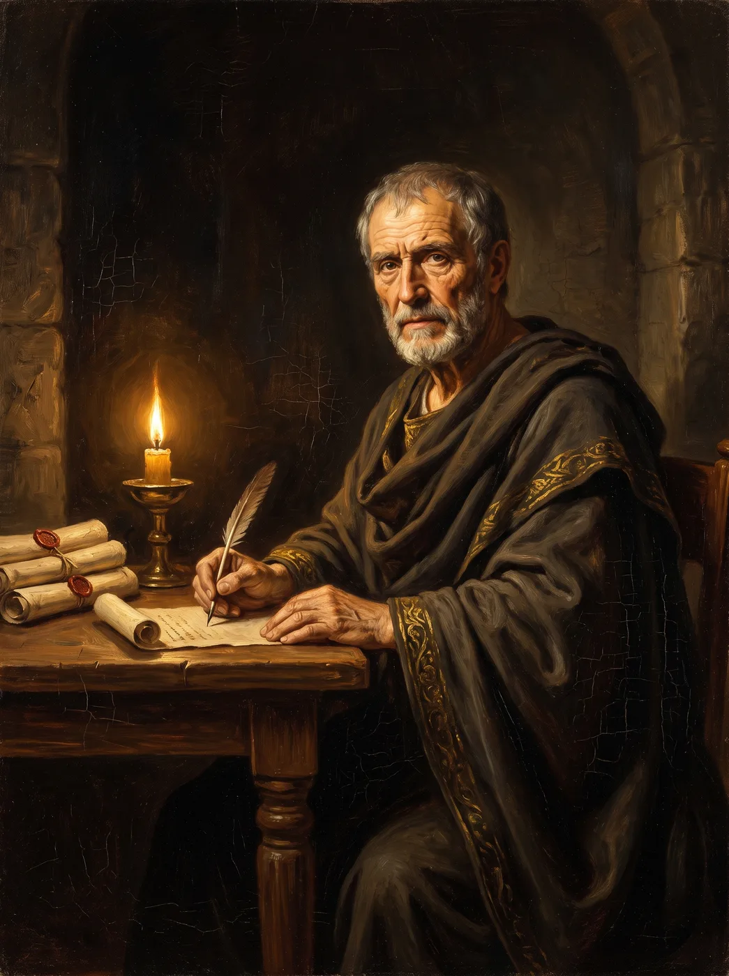 Dipinto a olio di Seneca che scrive le sue lettere alla luce di una lucerna