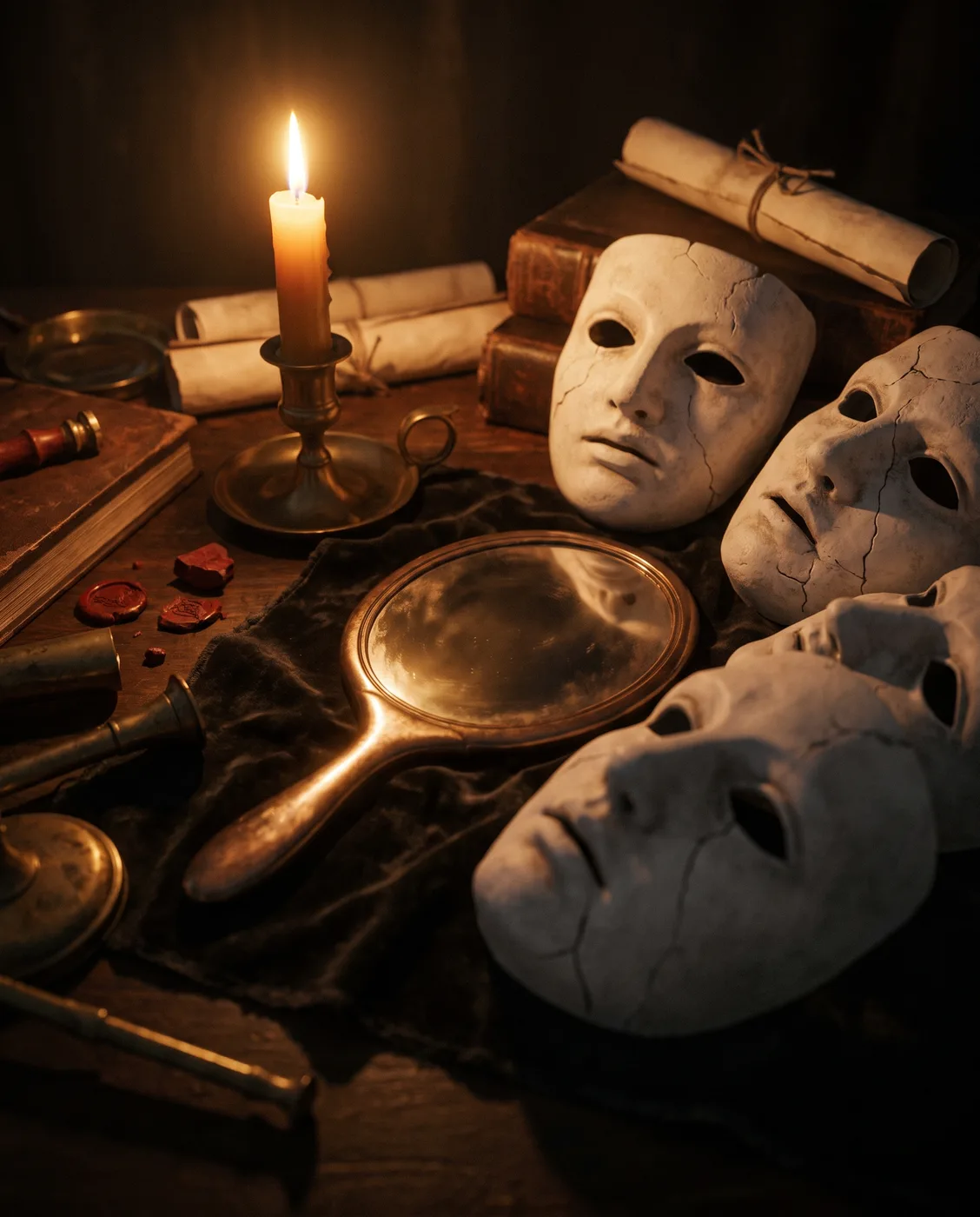 Maschere teatrali attorno a uno specchio di bronzo